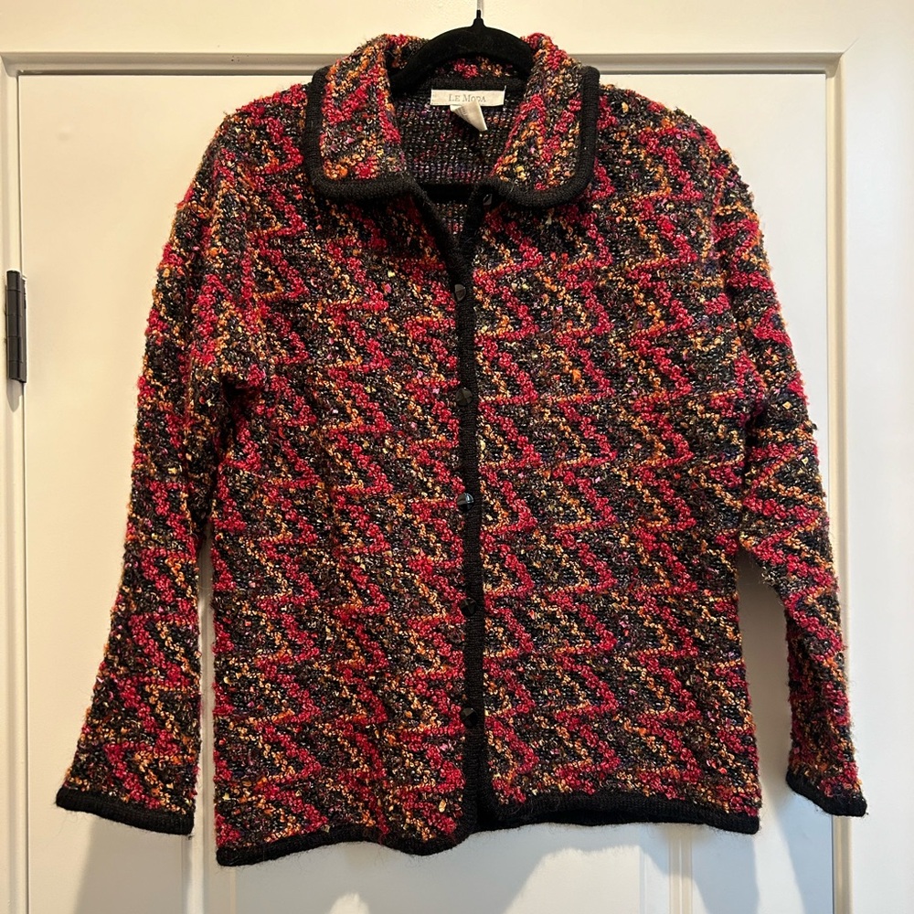 Le Moda Vintage Y2K Knit Tweed Wool Blend Sweater Jacket Cardigan Sz L